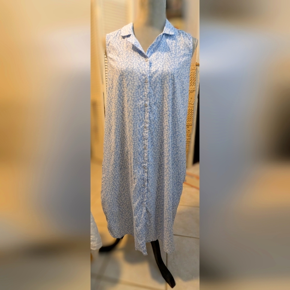 Joie Blue/White Floral Shirt dress Size Large Joie Cotton Sleeveless Large(4)